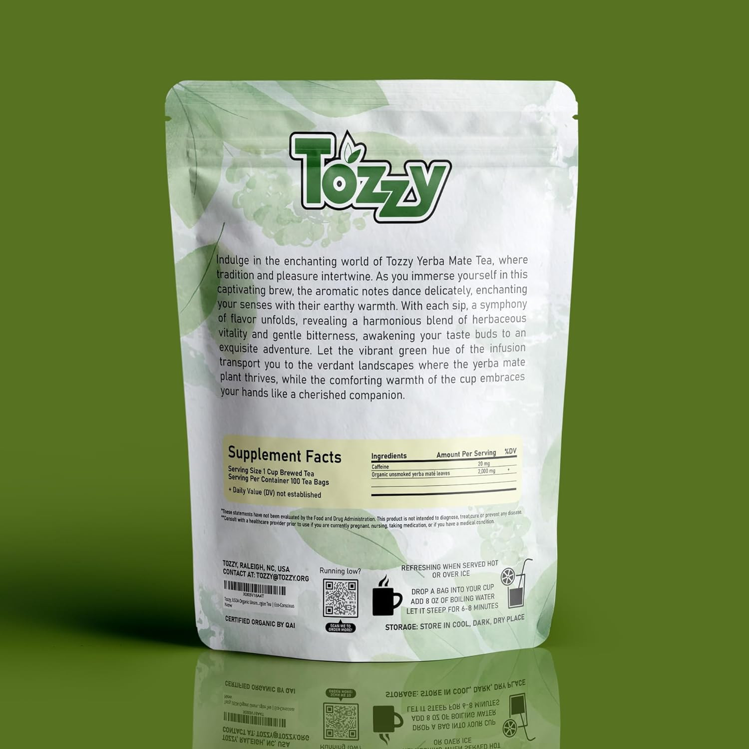 Yerba Mate Tea Bags Pure All-Natural Unsmoked Hi Caf & Detox Tea Herbal 100 Bags