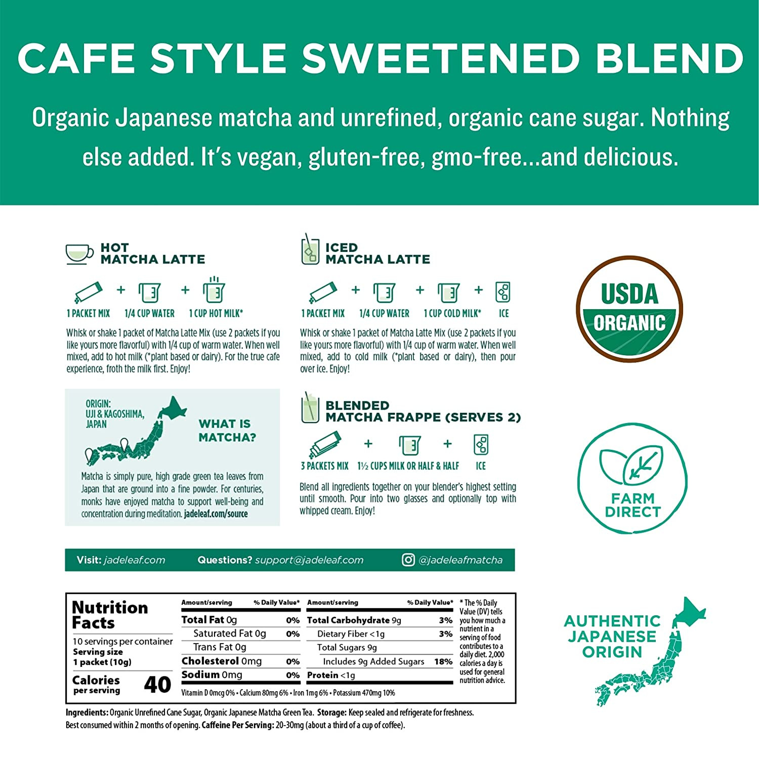Jade Leaf Matcha Organic Cafe Style Sweetened 10 Count Single Serve Stick Pack