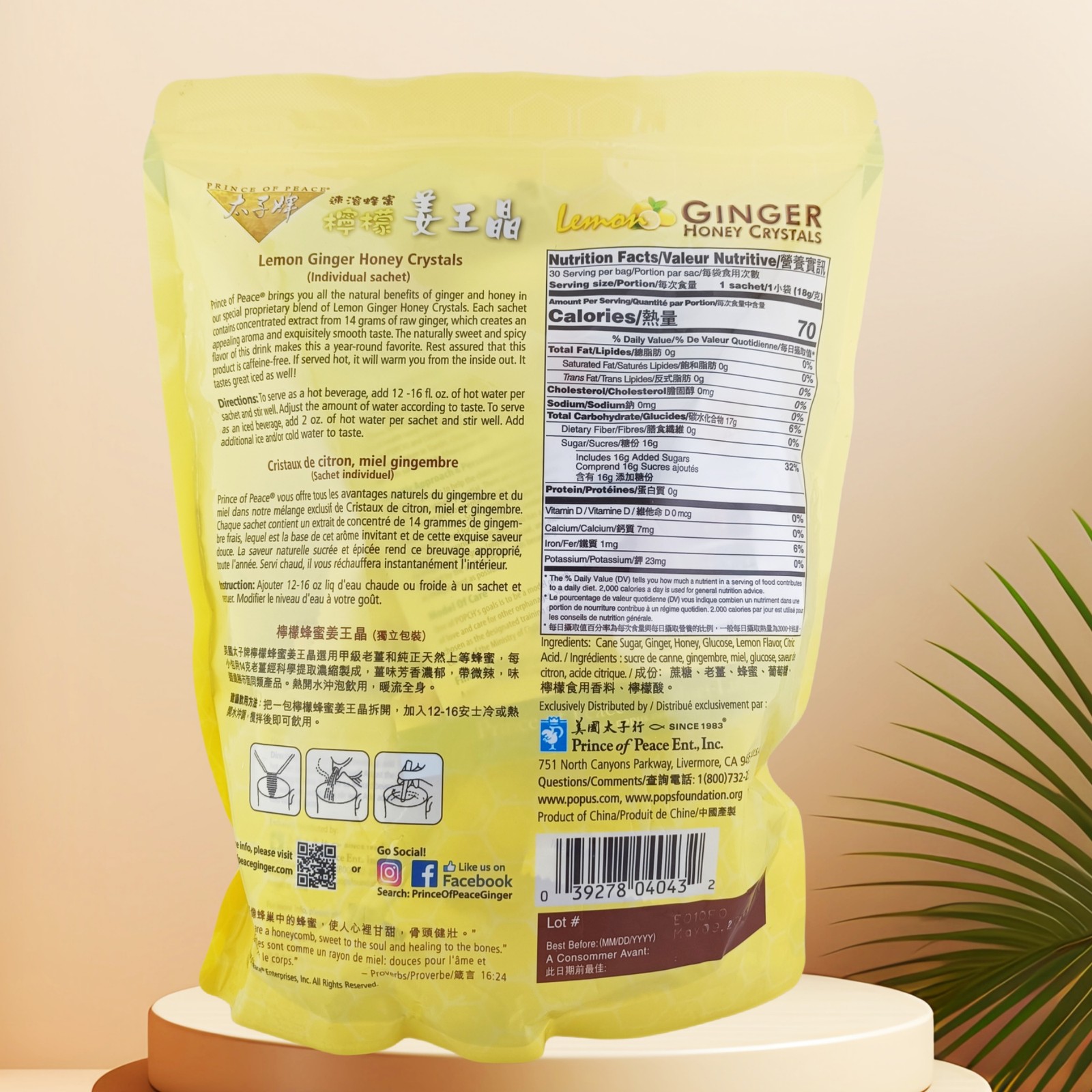 Lemon Ginger Tea Instant Ginger Honey Crystals, 30 Sachets -Prince of Peace