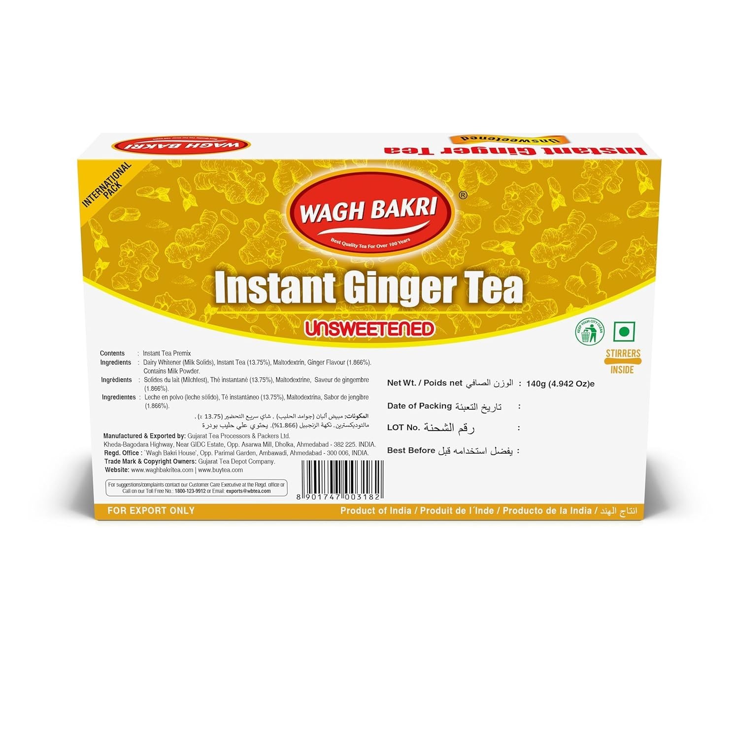 Instant Ginger Tea, Unsweetened, No Added Sugar, 140grams, 10 Sachets [Intern…