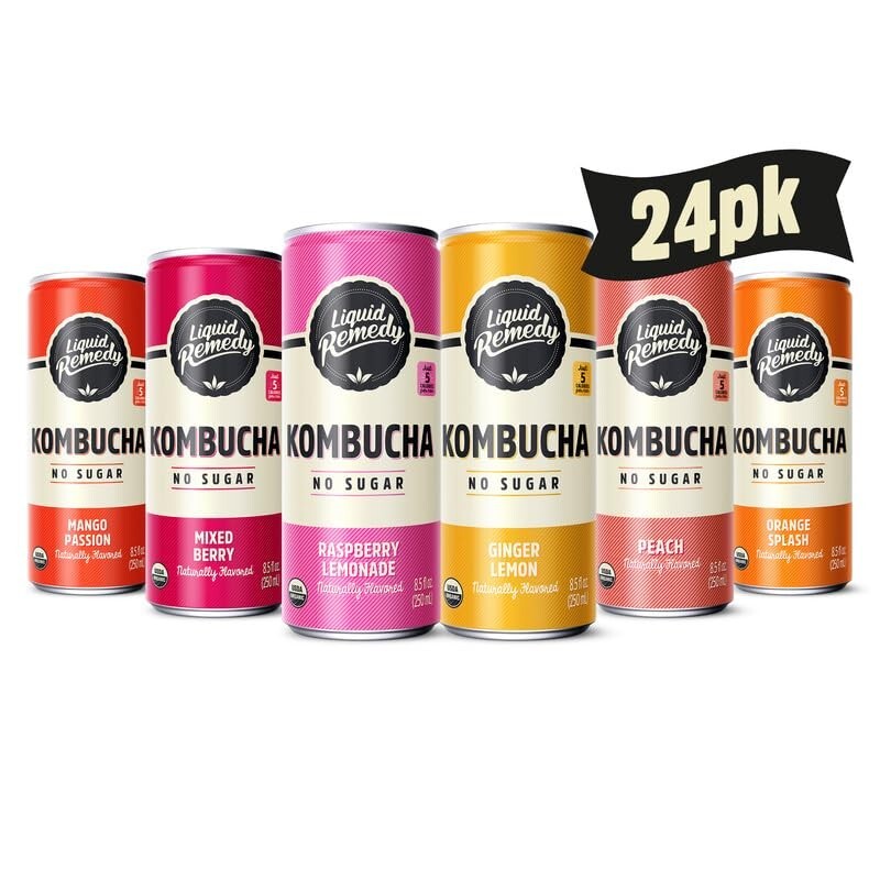 Liquid Remedy Kombucha Sugar Free Organic Drink – Super Sampler,8.5 FlOz,24-Pack