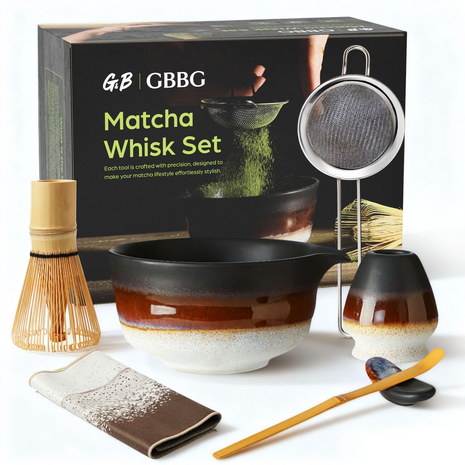 Matcha Whisk Set Desert Style Ceramic Bowl Kit 7 Pc for Beginners Matte Black