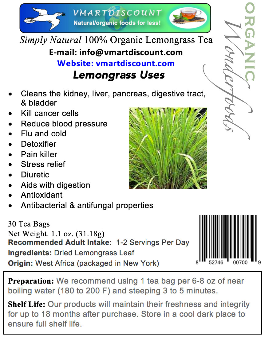 Lemongrass Premium Herbal Tea (30 Tea Bags), Antioxidants, All Natural Diuretic
