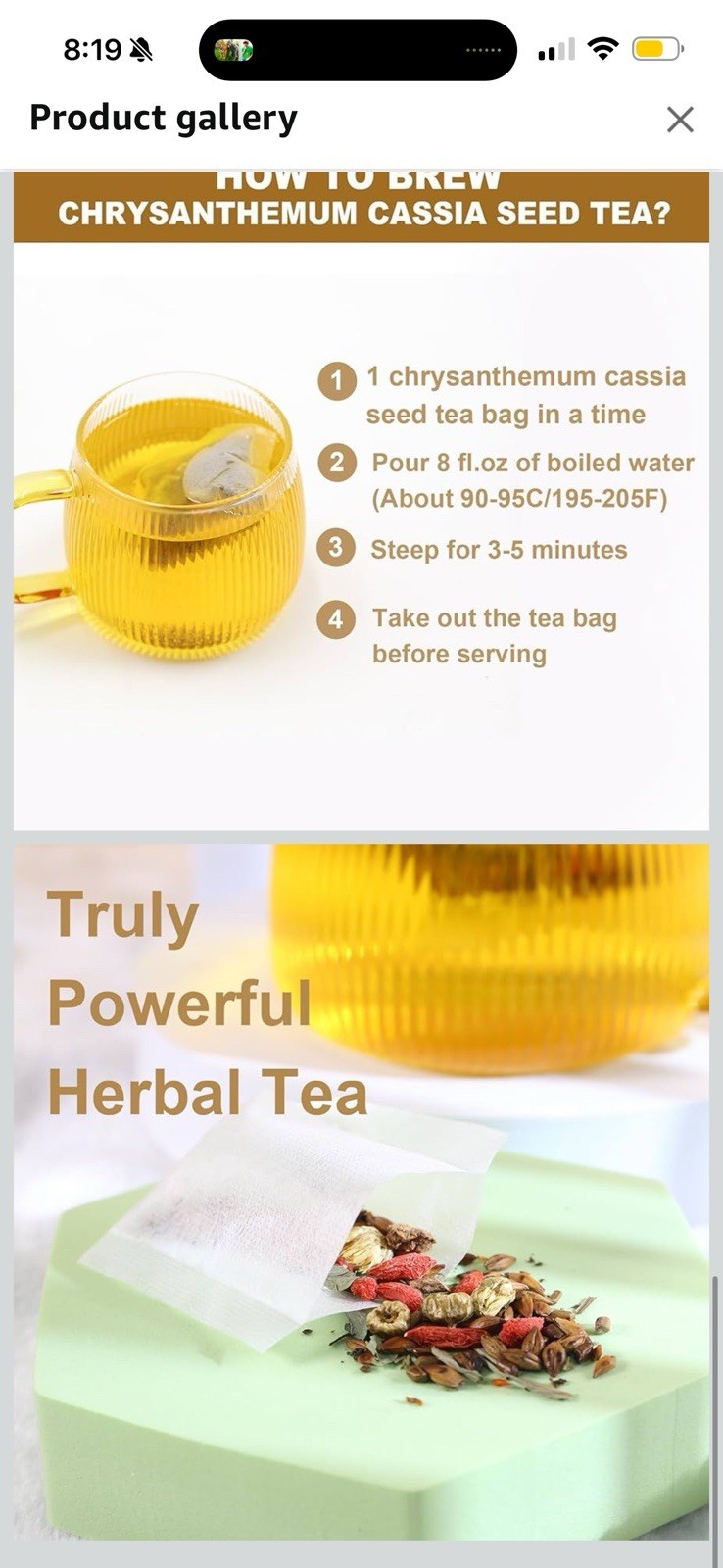 FullChea Chrysanthemum Cassia Seed Tea Bags 30 Count Caffeine Free