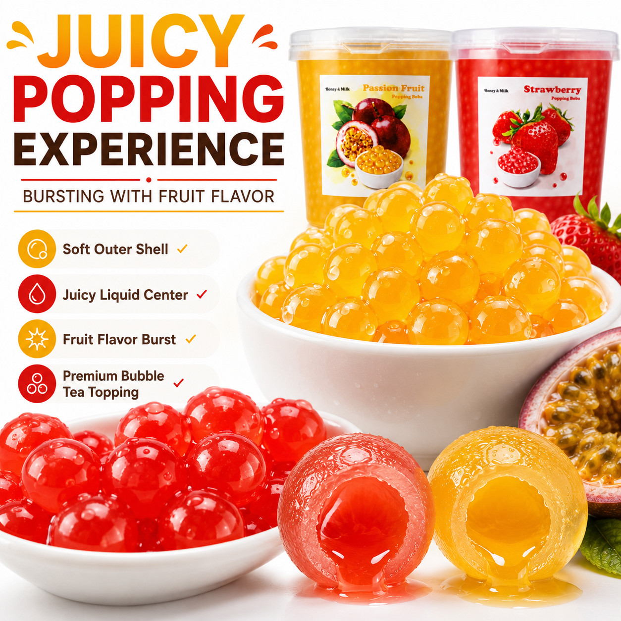 Honey&Milk Popping Boba 4 Pack 3.2KG Passion Fruit Strawberry Bubble Tea Taiwan