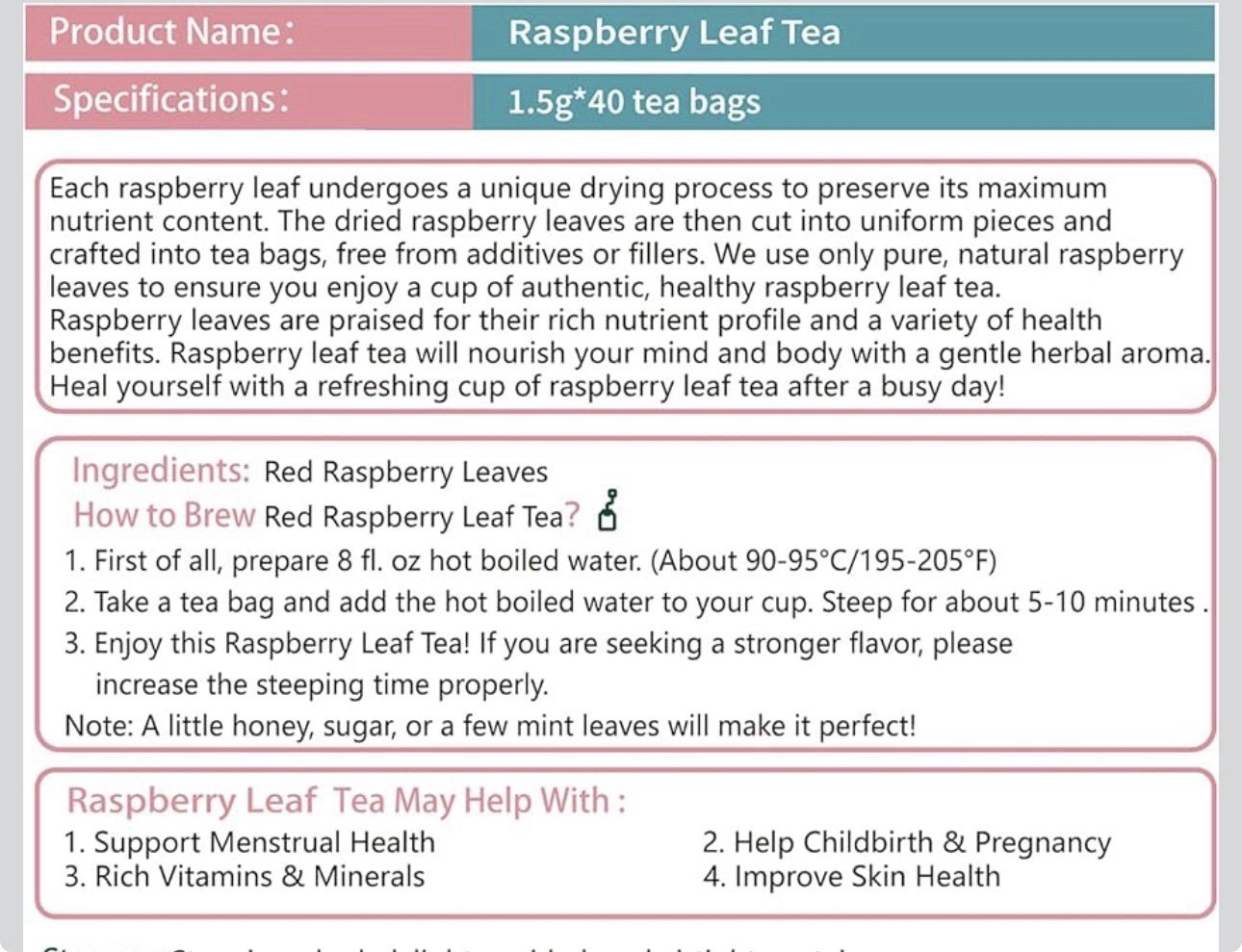 Samcci – Raspberry Leaf Tea Bag, 40 Teabags – Natural Pregnancy Tea