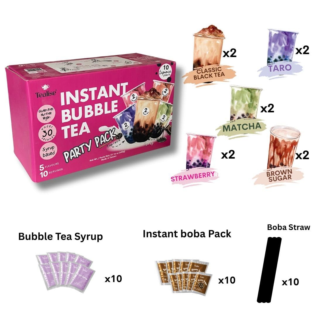 Instant Bubble Tea Kit (10 Servings) 5 Flavors Variety Pack, Ready in 30 Seco…