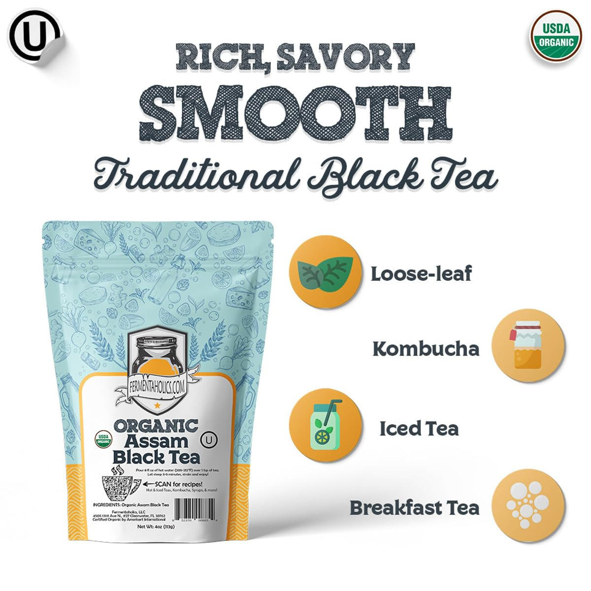 Fermentaholics Assam Black Tea – 4 Oz – USDA Certified Organic Loose Leaf – OU K
