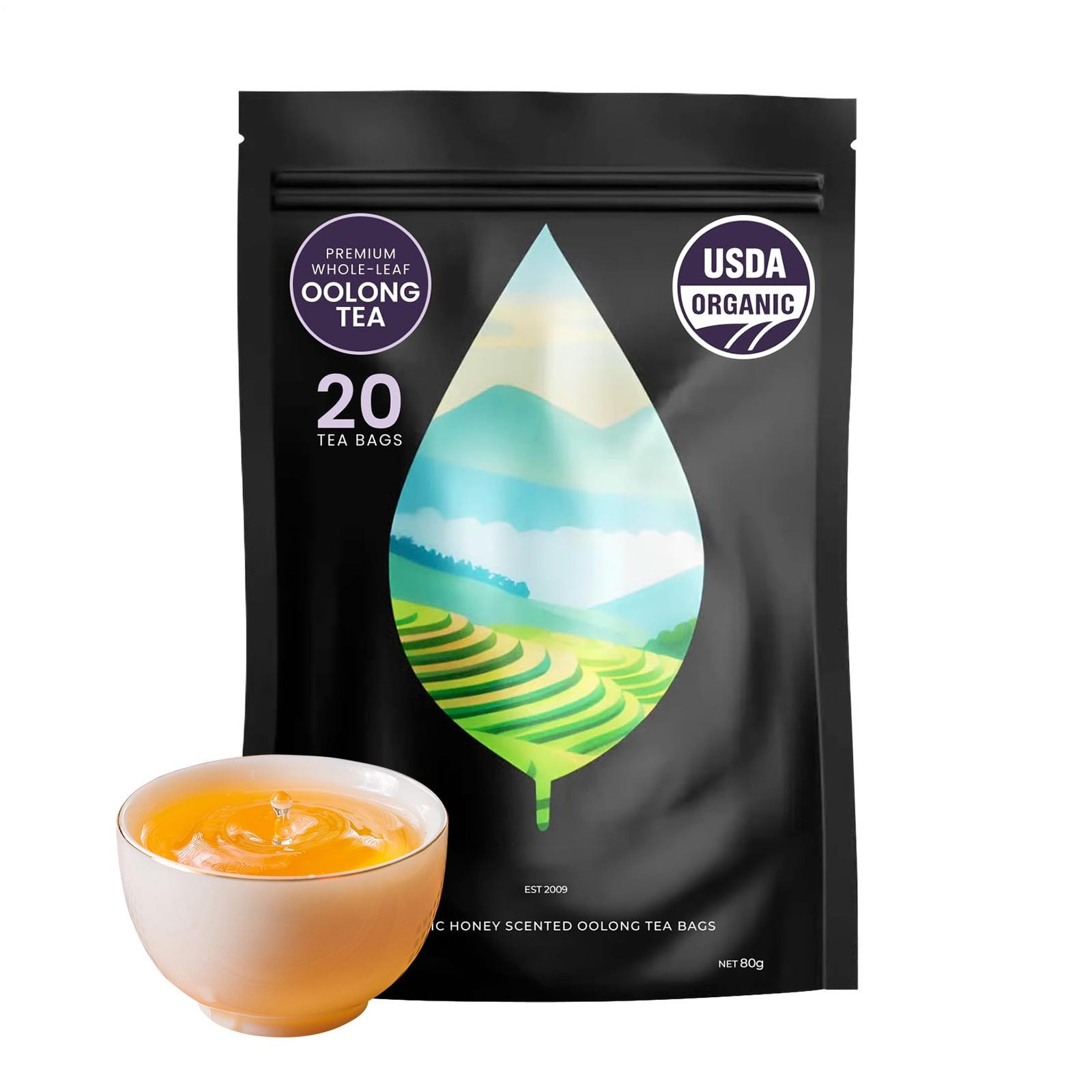 PiPi Tea Organic Oolong Tea Bags – Whole Leaf, 20 Bags (4g Each) – Cortisol & Ca