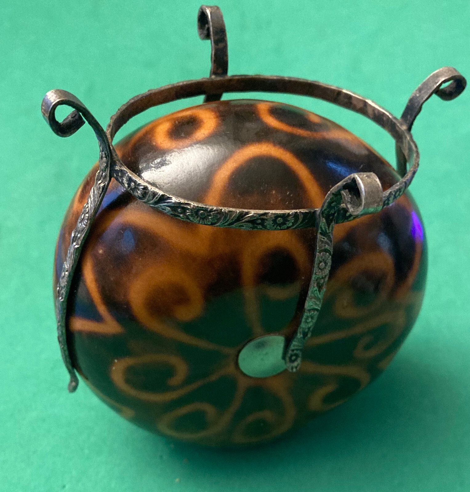 SCARCE ANTIQUE YERBA MATE GOURD CUP WITH STAND MADE IN ARGENTINA