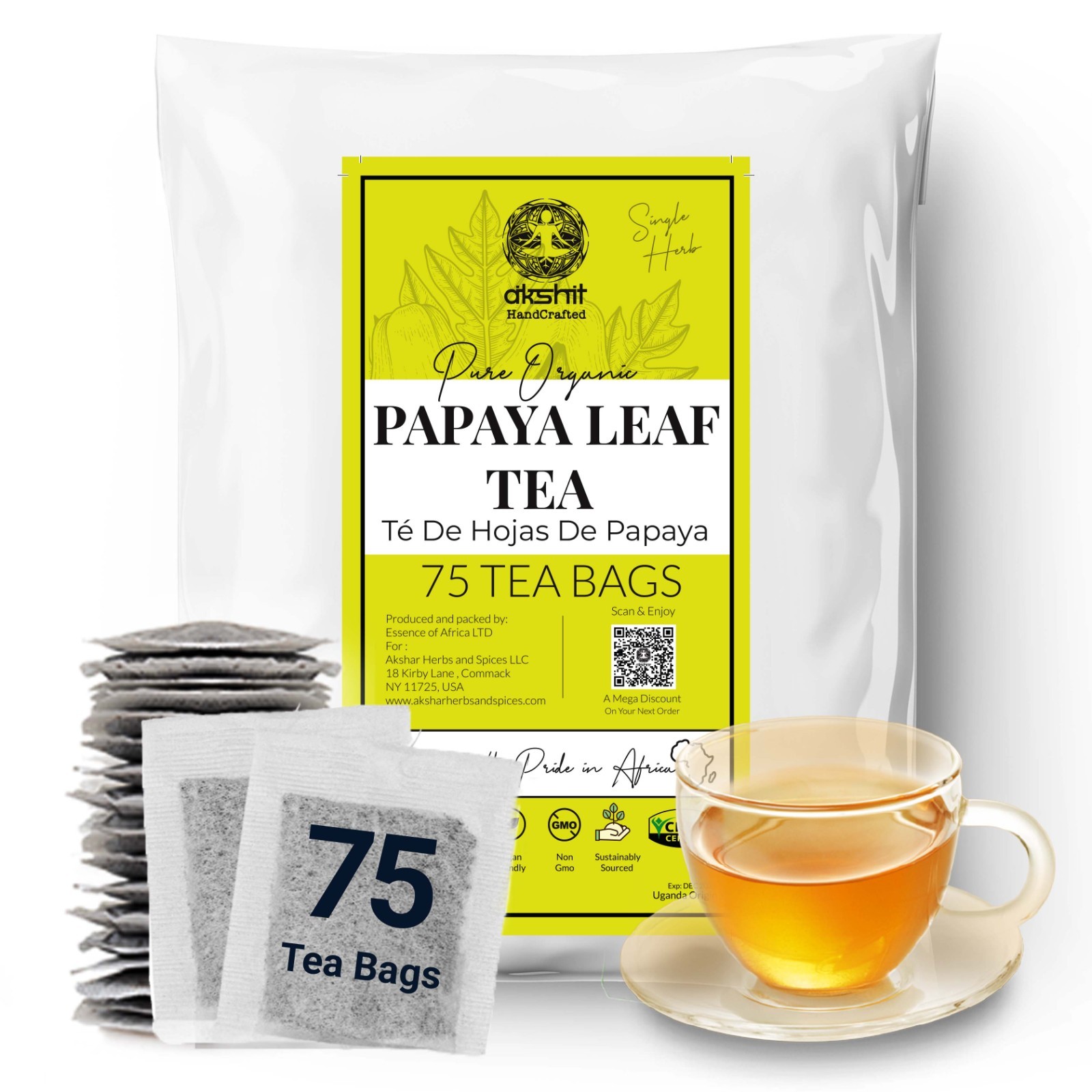 75 Papaya Leaf Tea Bags, Te De Hojas de Papaya, Loose Leaf Herbal Tea
