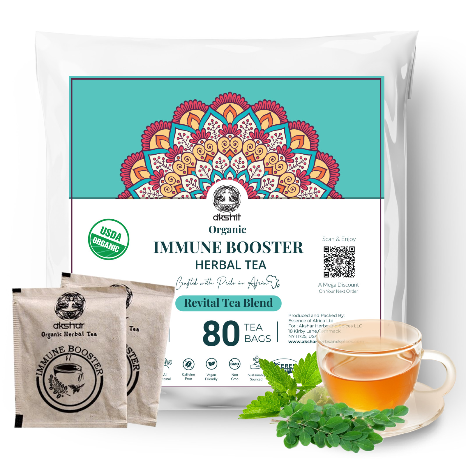 80 Organic Immune Booster Tea Bags, Moringa Peppermint Tea, Immune Herbal Tea