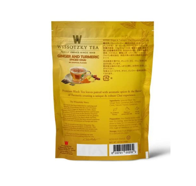 Wissotzky Tea Ginger Turmeric Spiced Chai – Pack of 50 Tea Bags in Zip Bag