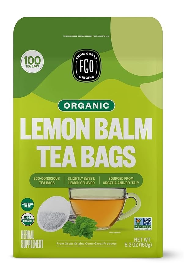 FGO Organic Lemon Balm Tea Bags – 100 Count, Eco-Friendly-5 Layer Resealable Bag