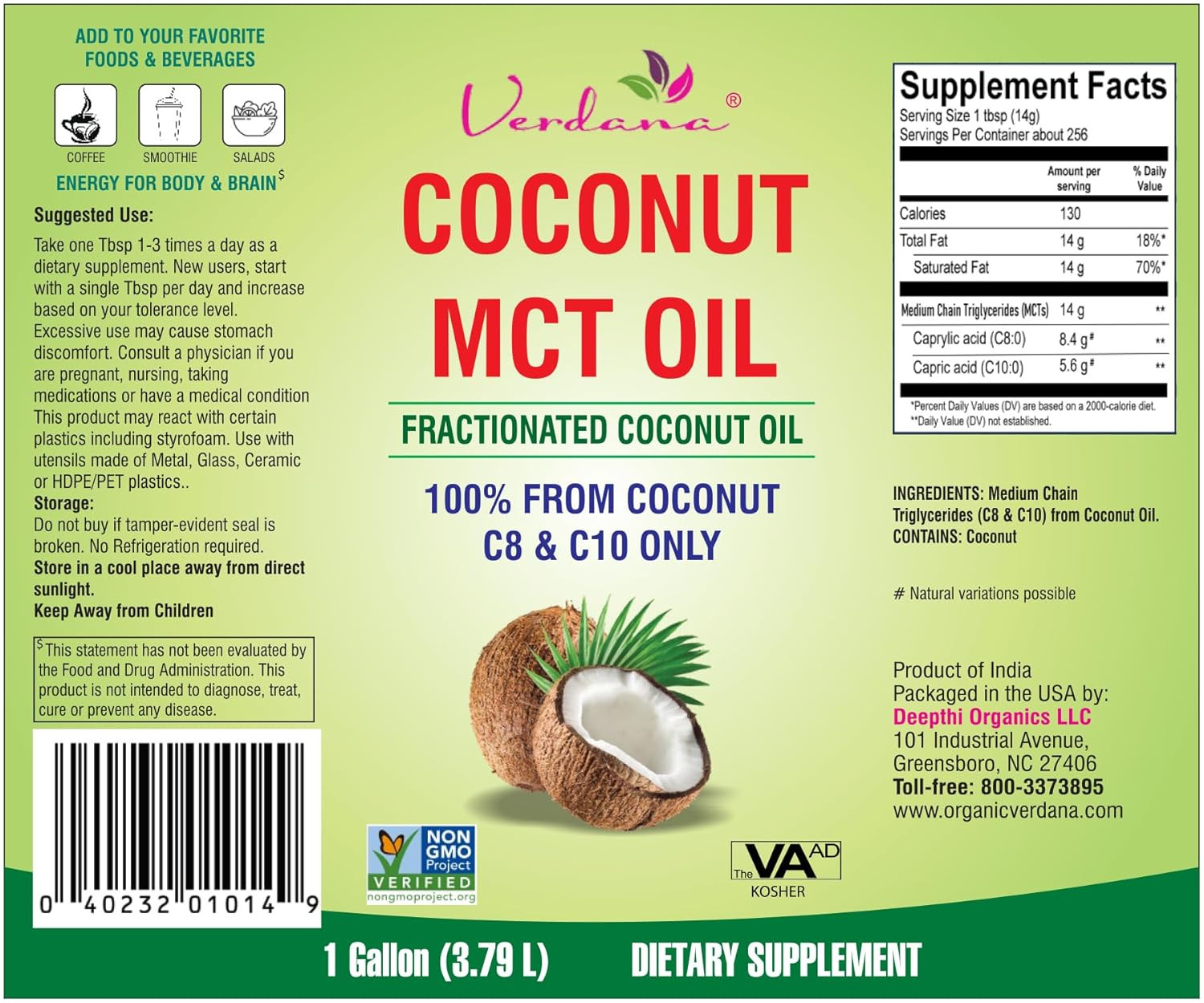 Verdana MCT Oil, Fractionated, 100% from Coconut – 1 Gallon – Kosher Food…