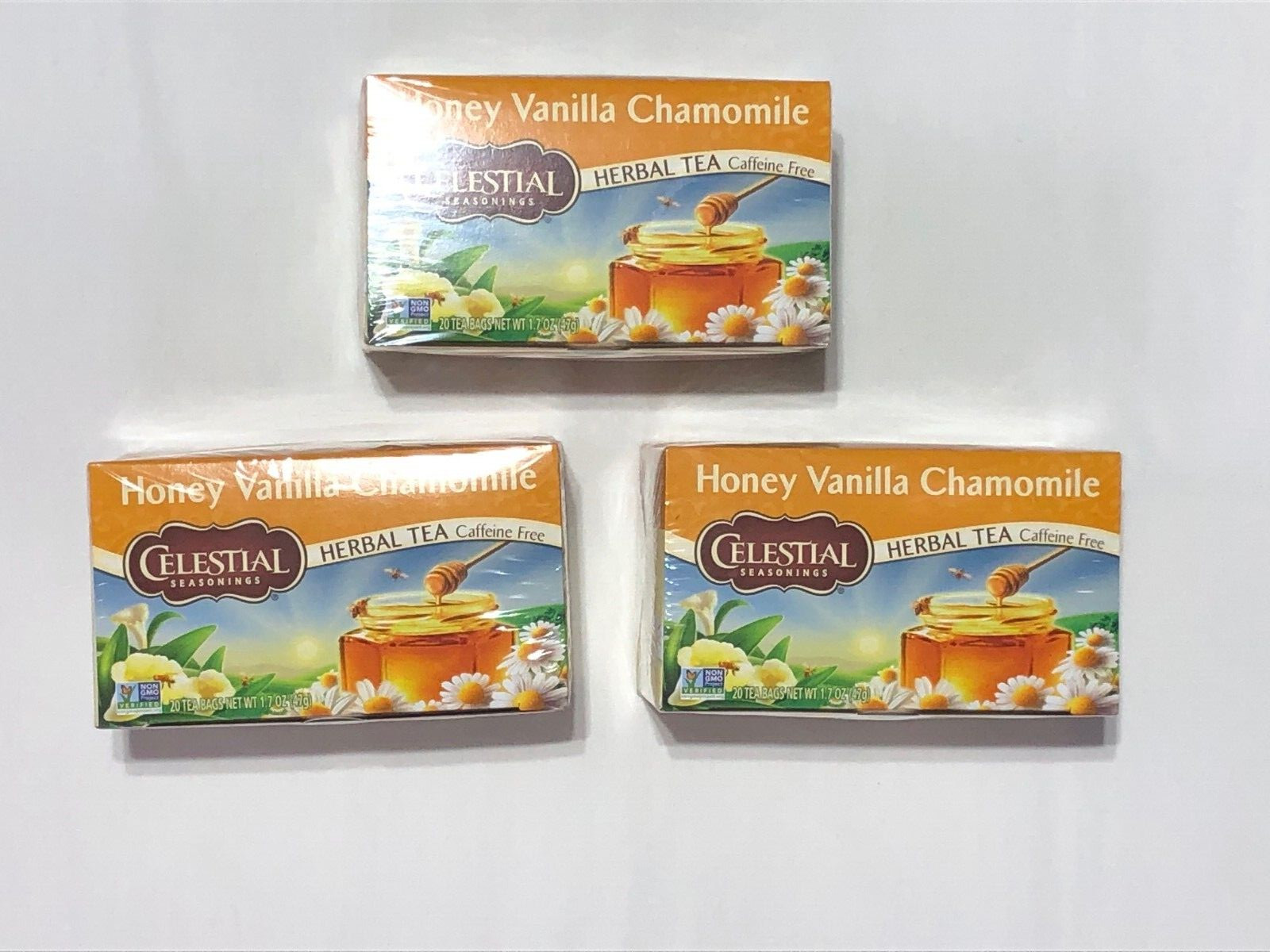 3-PACK LOT CELESTIAL SEASONINGS HERBAL TEA HONEY VANILLA CHAMOMILE CAFFEINE FREE