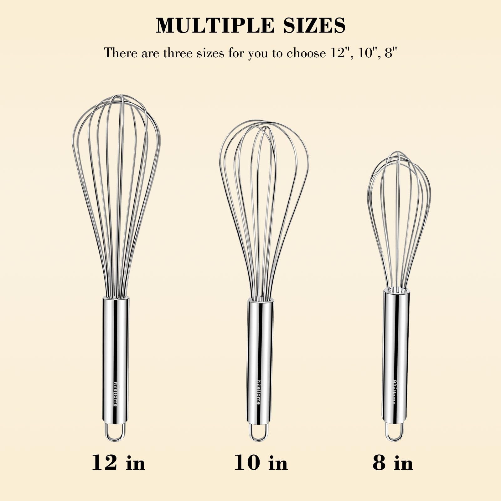 NileHome Stainless Steel Whisk Set 8″ 10″ 12″ Kitchen 3 P, Silver-8″10″12″