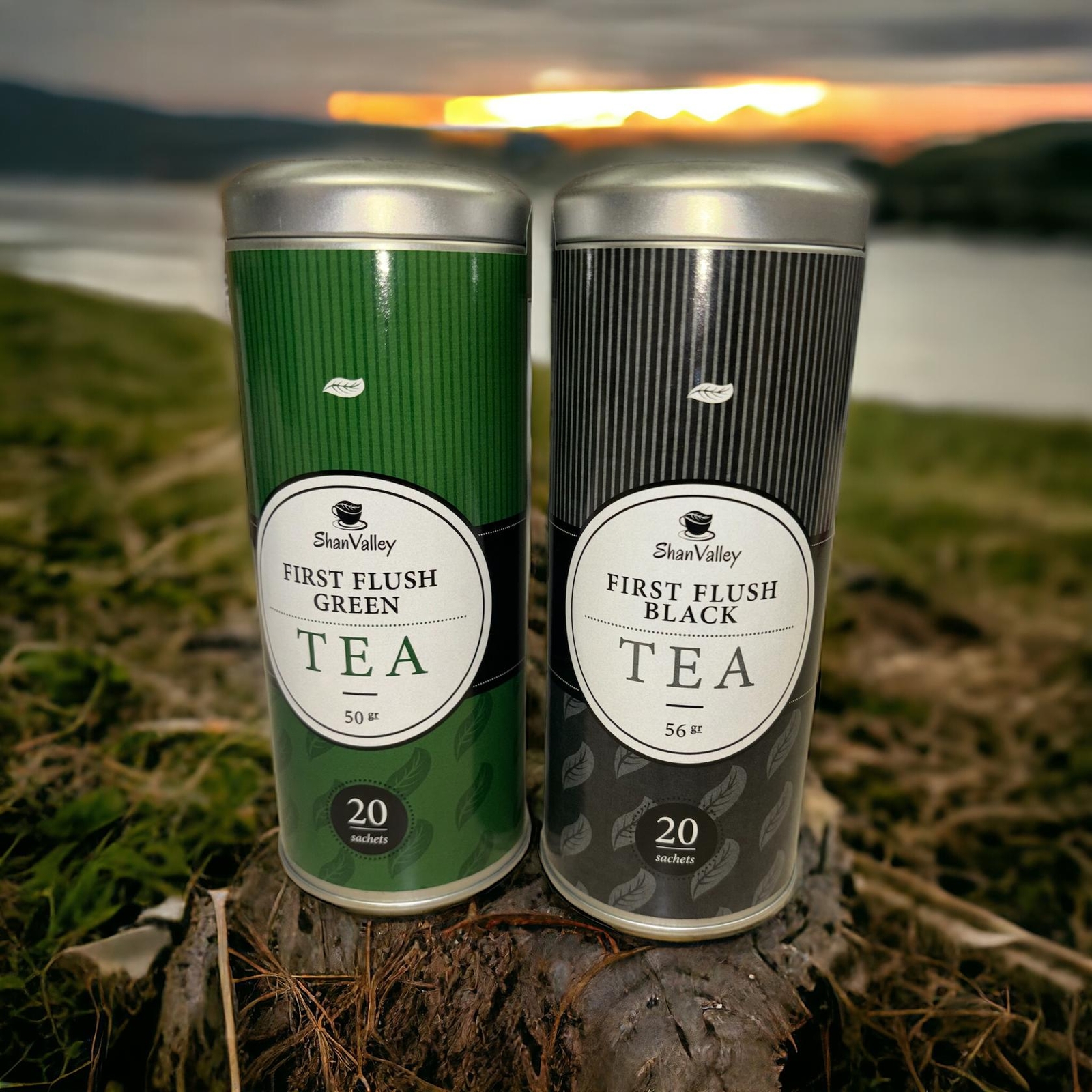 2 Cans Shan Valley First Flush Black and Green Tea – 20 Tea Bags per Tin Can