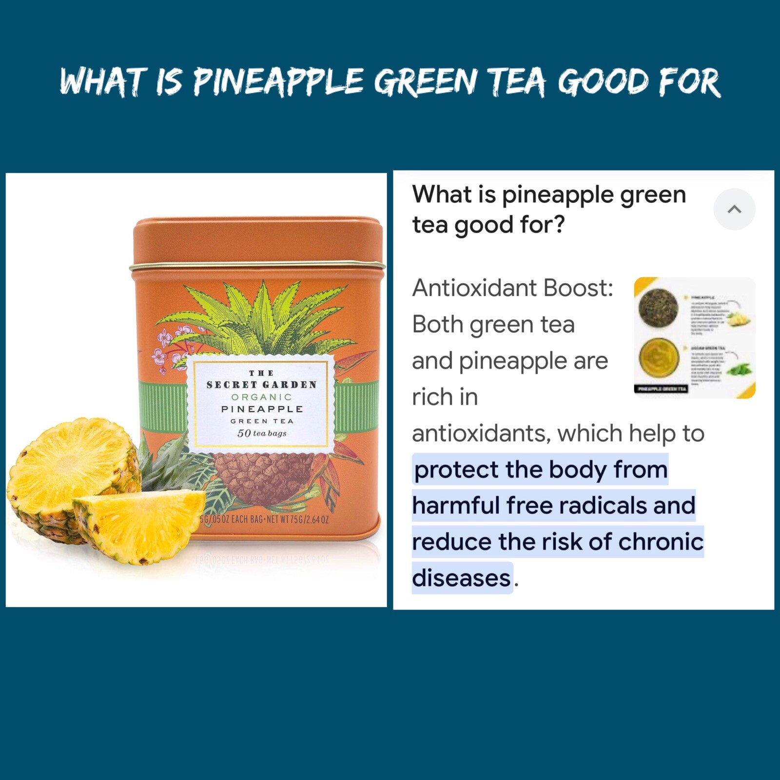 Pineapple Green Tea, The Secret Garden Organic 50 Bags Net Weight 100g NOT 75g