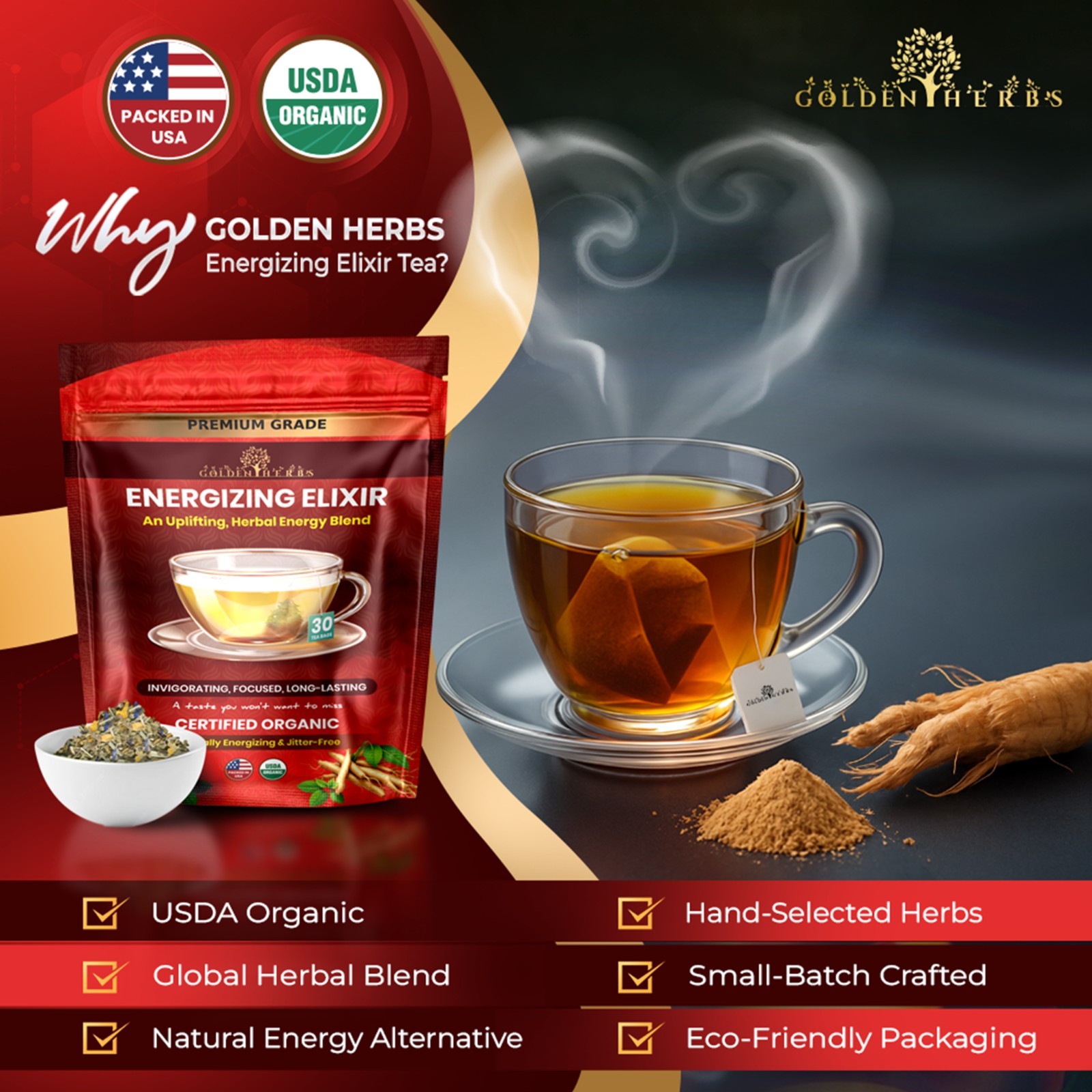 Golden Herbs Energizing Elixir Herbal Tea Natural Energy & Focus Support
