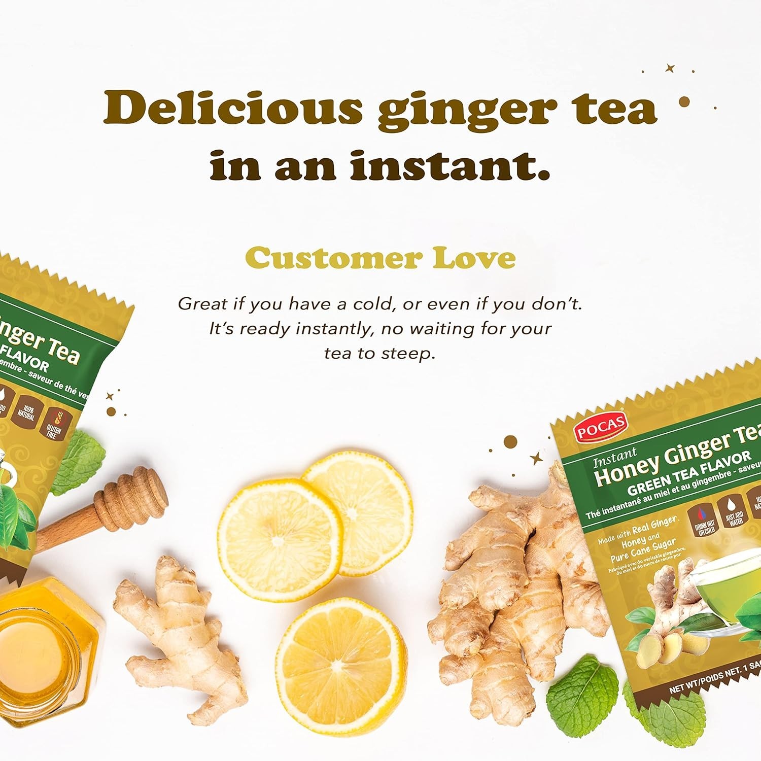 Honey Ginger Instant Tea Powder, Green Tea Flavor, Ginger Extract & Real Swee…