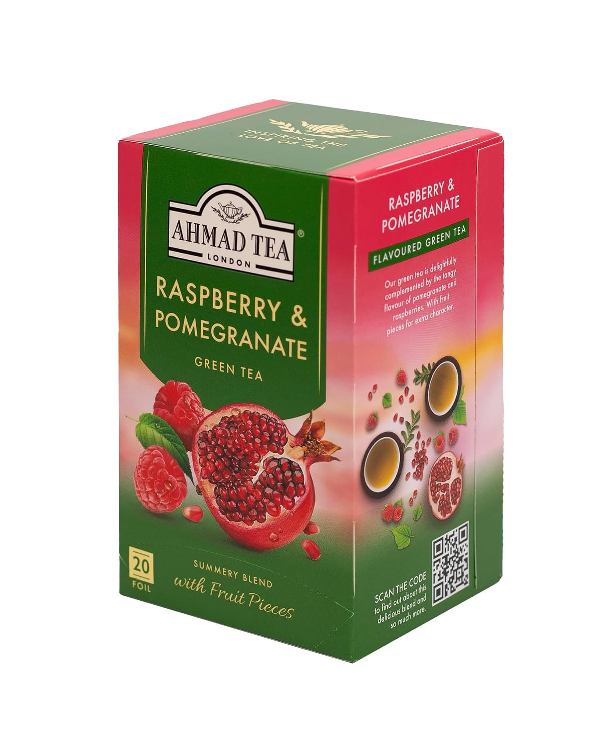 Foil-Enveloped Teabags Green Tea, Raspberry & Pomegranate, 20Count (Pack of 6)