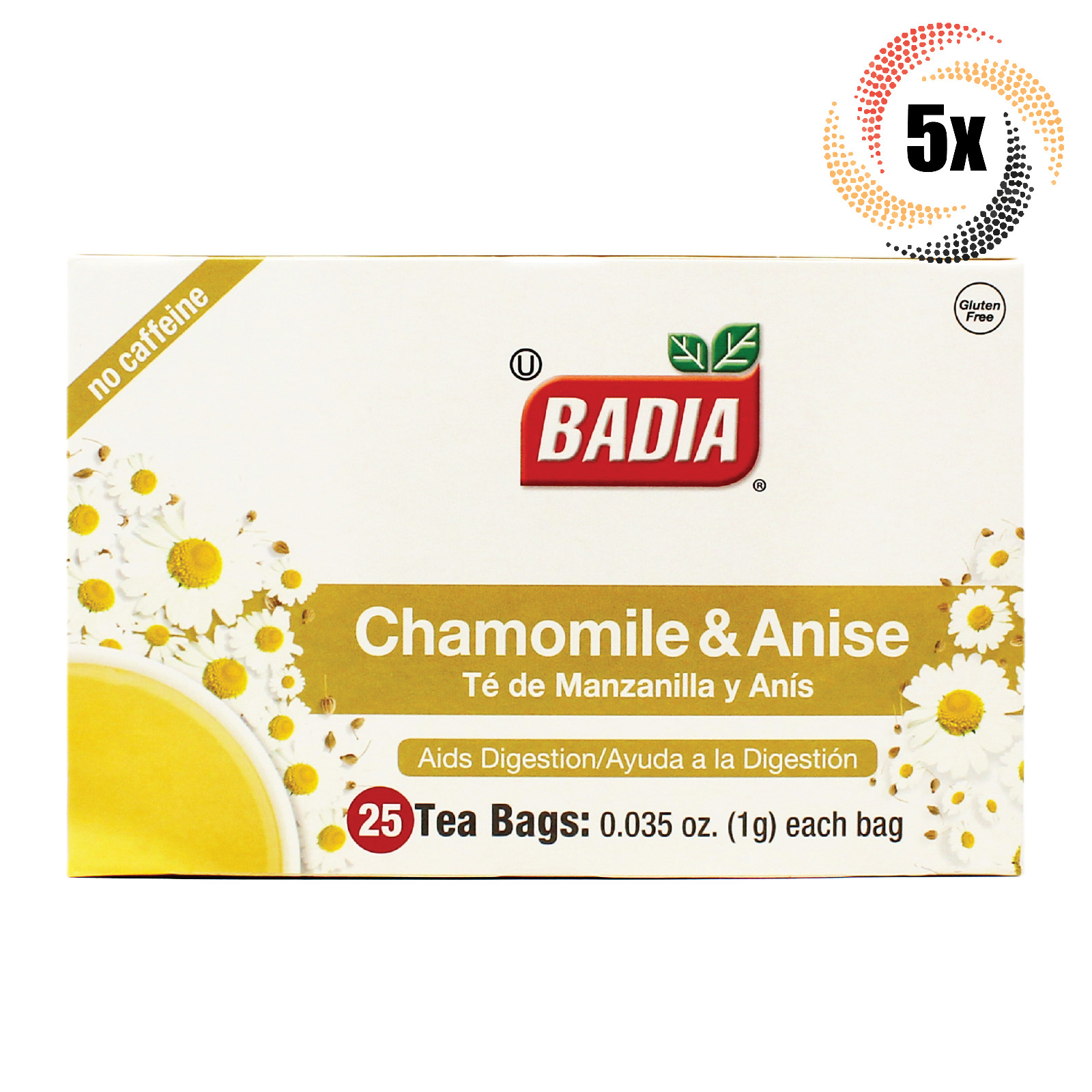 5x Boxes Badia Chamomile & Anise Tea | 25 Bags Per Box | Té de Manzanilla y Anís
