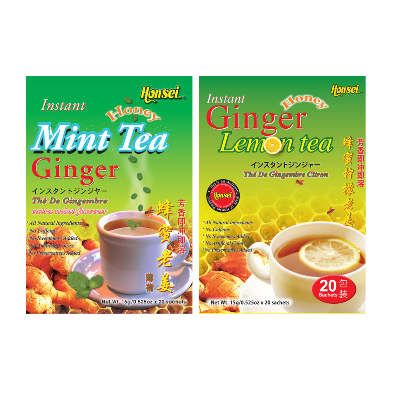 Honsei Instant Ginger Honey Mint, Lemon Flavor 20 Sachets 15g/0.52 oz. 2 PACK