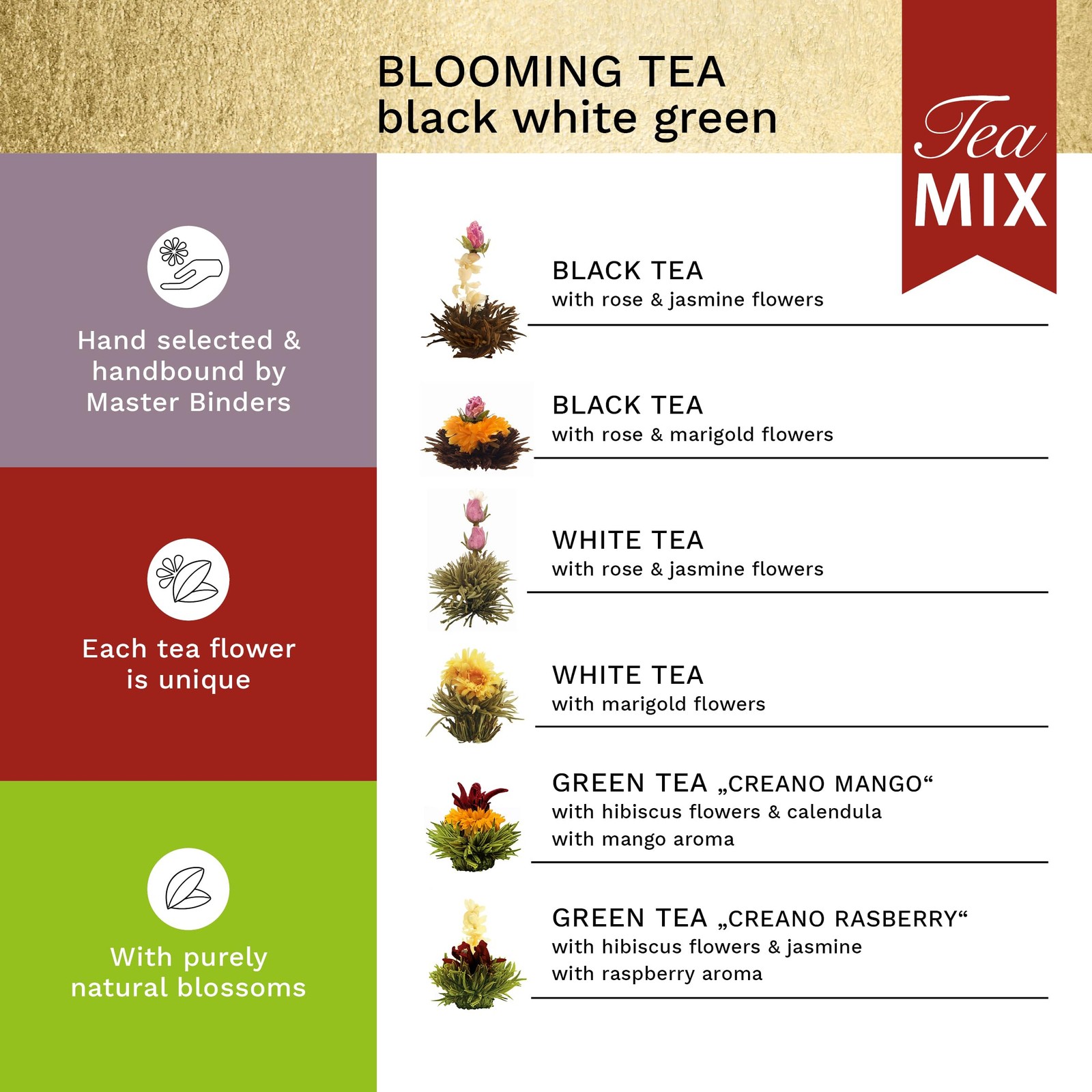 Tea Flowers Mix Golden Gift Set Blooming Tea with Glass Teapot White, Green &…