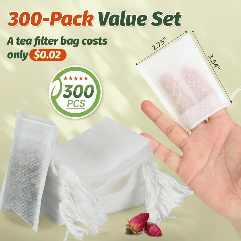 300-Count Empty Tea Bags with Drawstring, 3.54×2.75 Inch Fillable Sachets