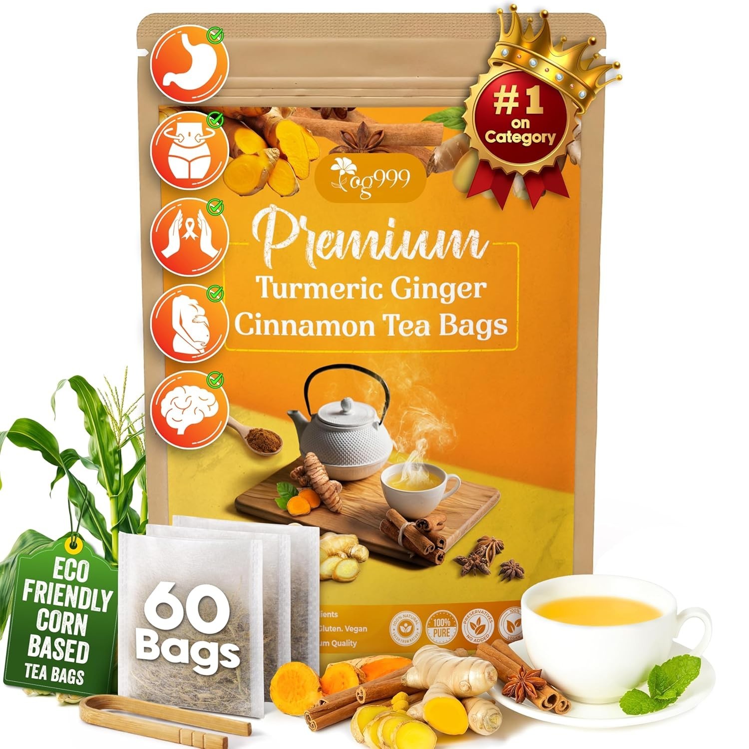 Natural Turmeric Ginger Herbal Tea Bags – 60 Count for Digestion & Brain Support