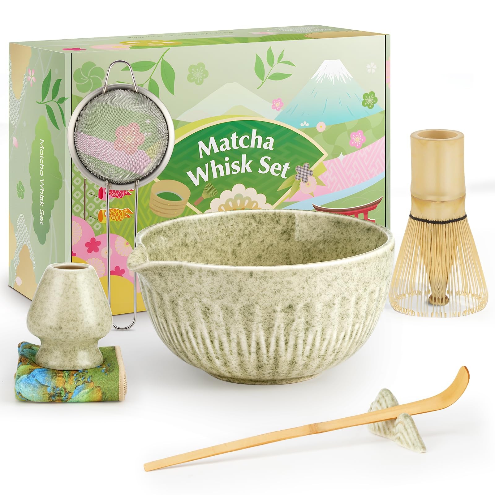 Matcha Whisk Set 7pc 20oz Bowl Sifter Tea Towel Ceremony Tea Kit