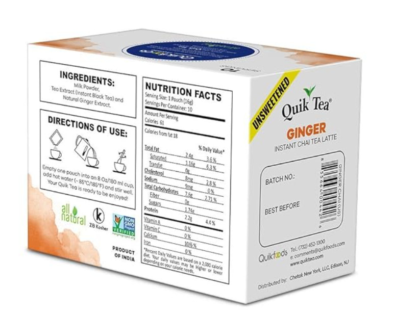 QuikTea Unsweetened Ginger Chai Latte – 40 count (Pack of 4)