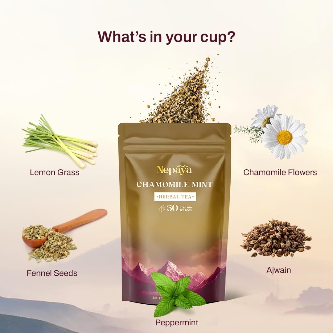 Chamomile Mint Herbal Tea Bags, Relaxing Bedtime Blend with Lemongrass, Peppe…