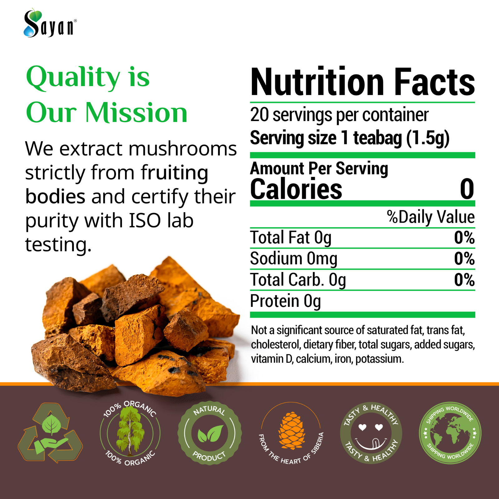 Sayan Chaga Mushroom Tea 20 Bags Caffeine Free Siberian Wild Harvested