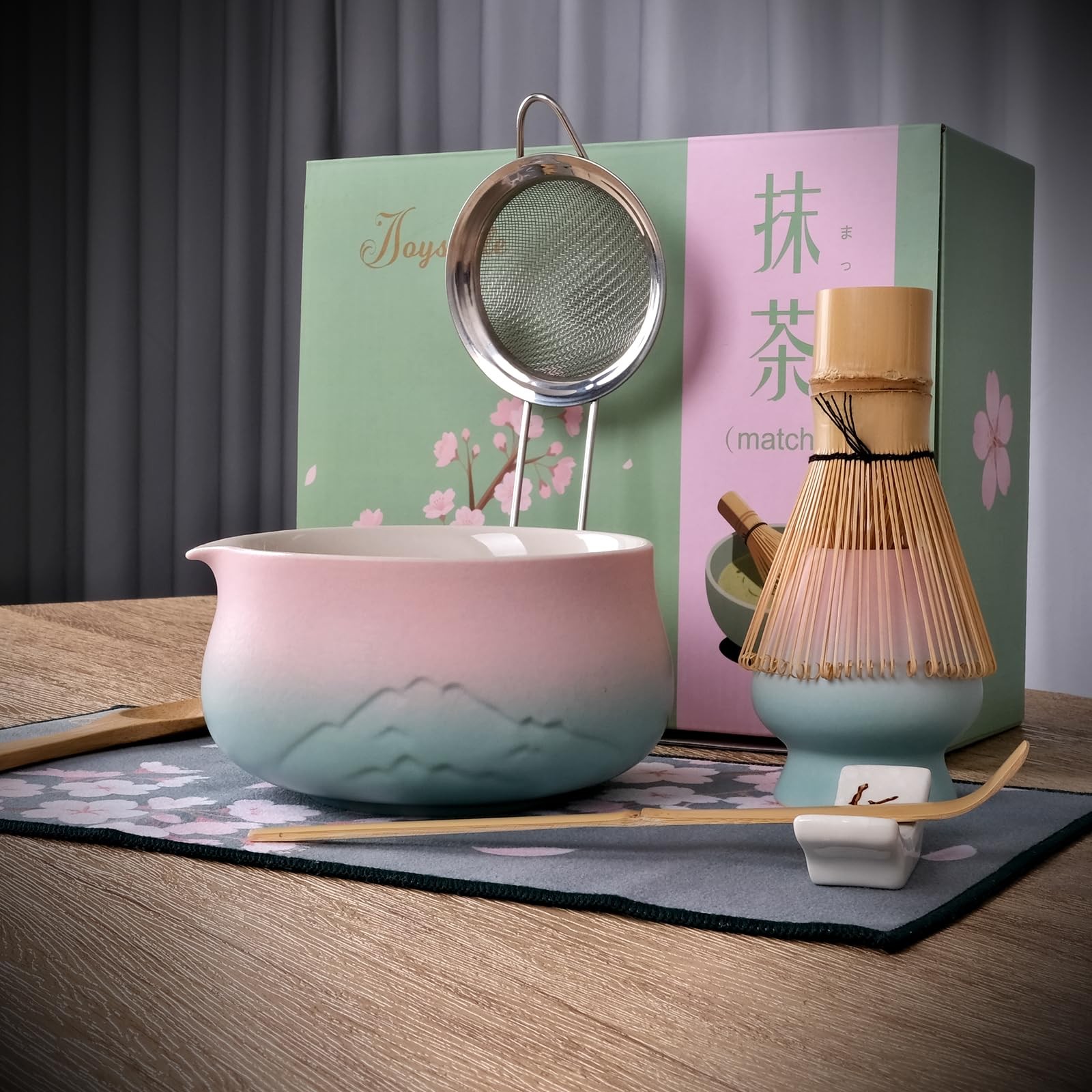 Matcha Whisk Set Japanese Tea Ceremony Kit 18 Oz Bowl 8 Pc Pink Green