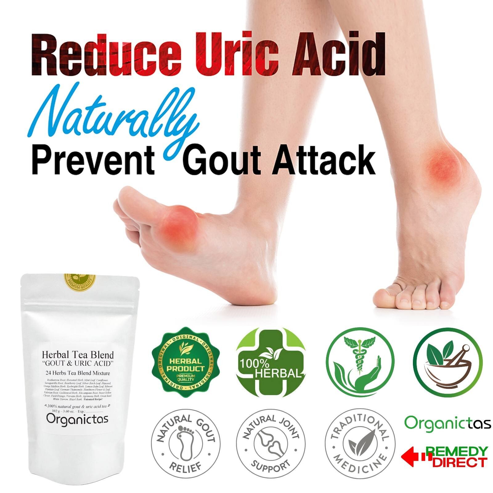 GOUT TEA Patented Organic 24 Natural Herbs Normal Uric Acid Formula Gout Relief