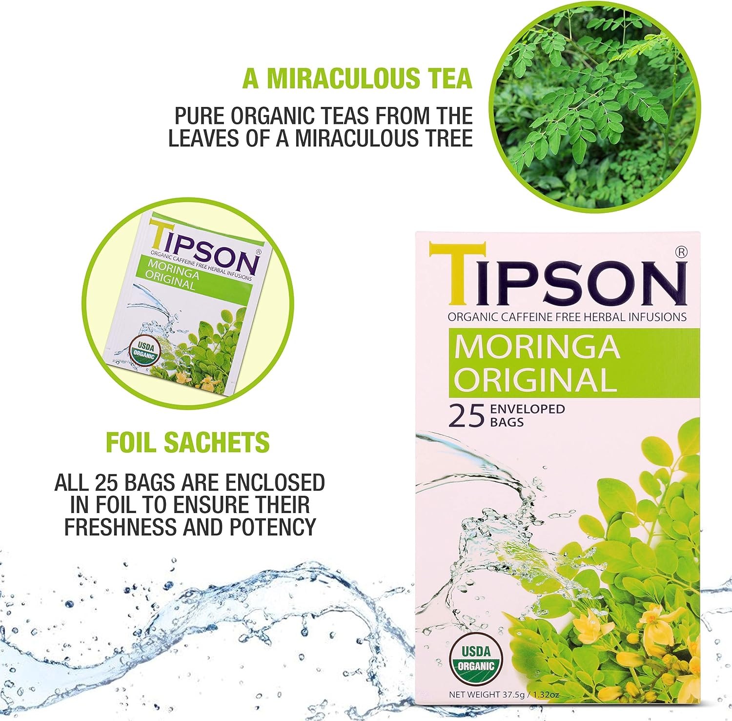 Organic Moringa Caffeine Herbal Tea – Original Flavor – 25 Premium Double