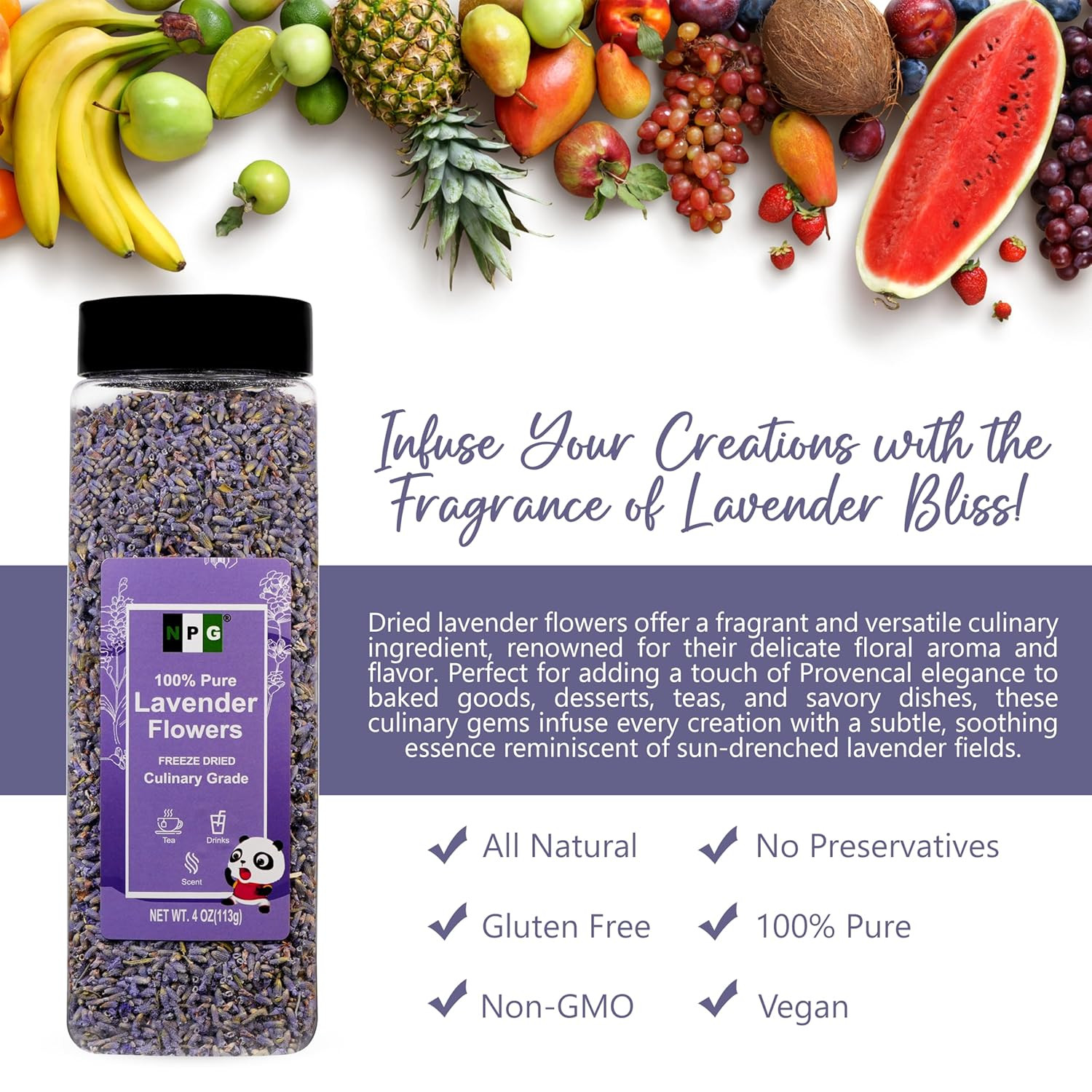 NPG Freeze Dried Lavender Flowers 4 Oz, Culinary Grade Lavender Buds for Tea, Ba