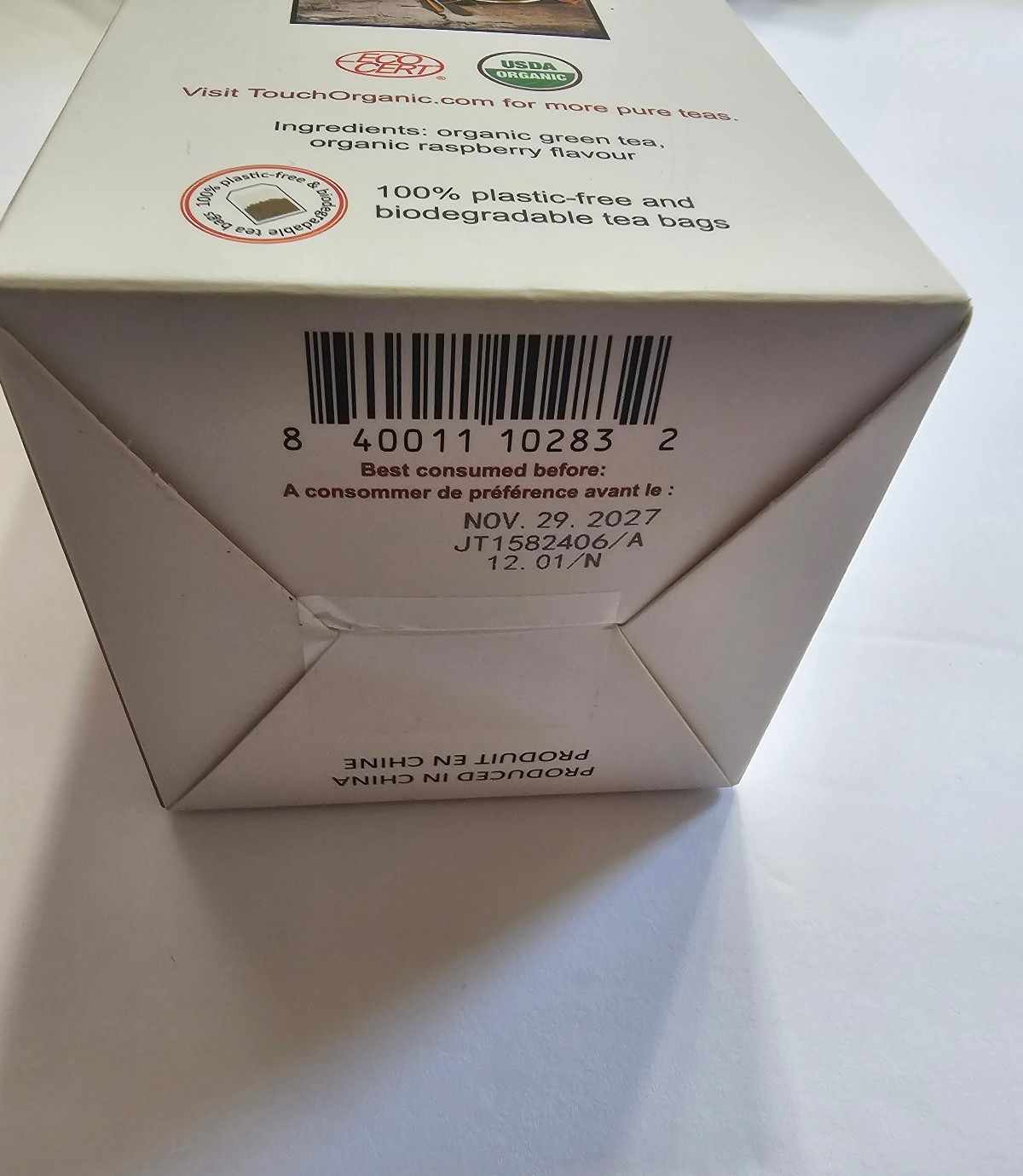 Touch Organic RASPBERRY GREEN Tea Bags, 40 Bags, 2.5 oz, New & Sealed