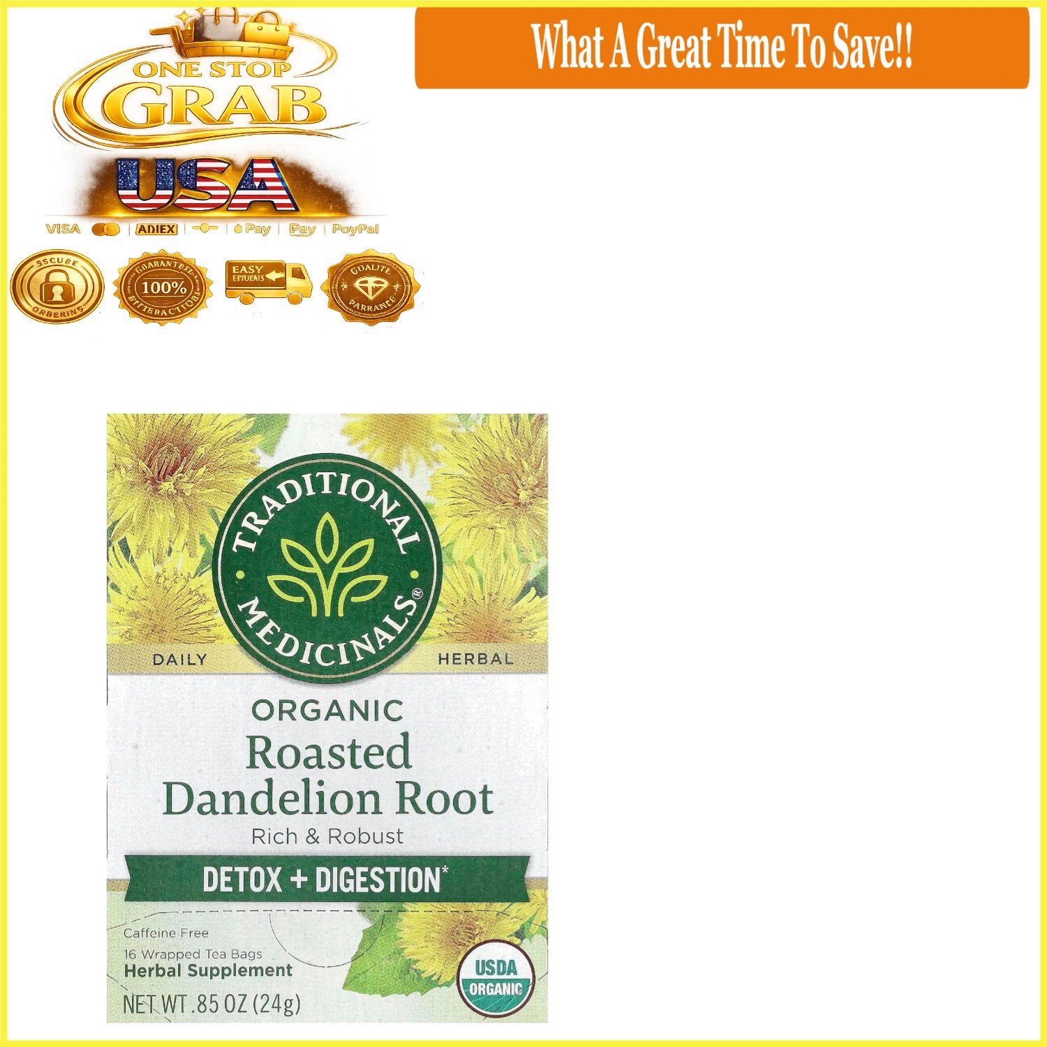Organic Roasted Dandelion Root Tea Supports Digestion Detox 16 Bags
