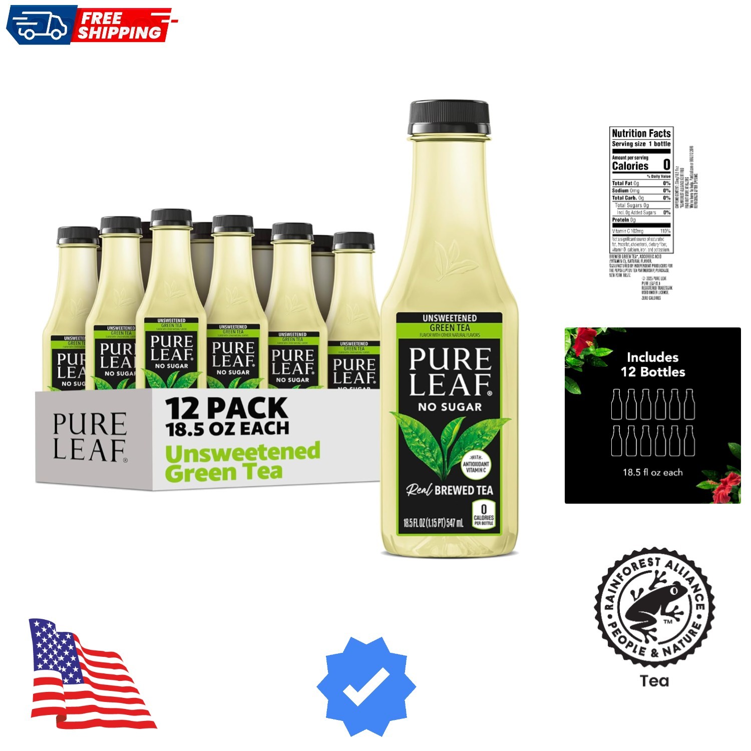 Pure Leaf Iced Tea, Unsweetened Green Tea, 18.5 fl Oz Bottles Pack of 12