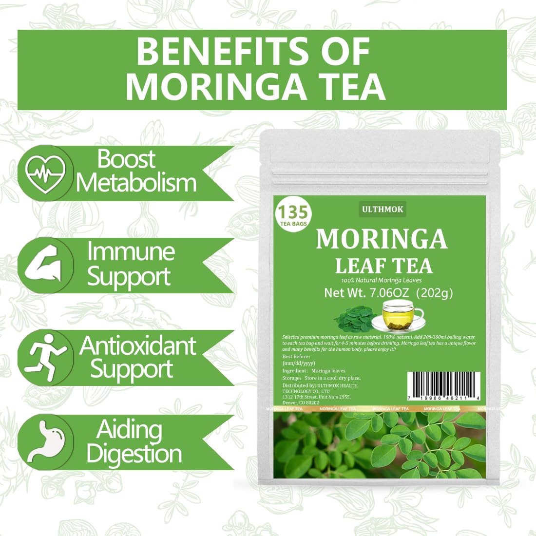 Premium Moringa Tea,135 Tea Bags/7.15OZ,100% Pure 135 Count (Pack of 1)