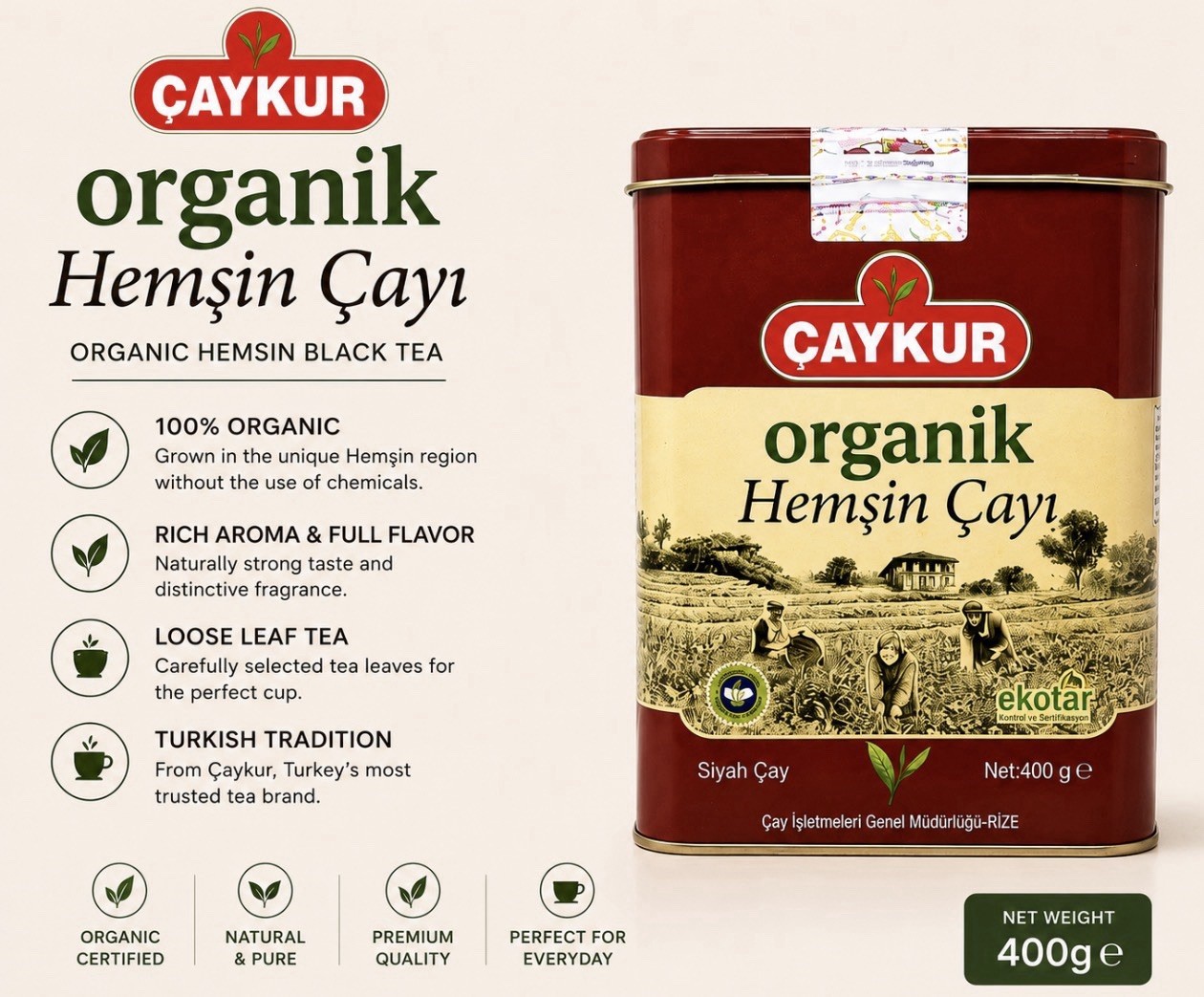 Caykur Organic Hemsin Black Tea 400g Turkish Loose Leaf Tea Tin