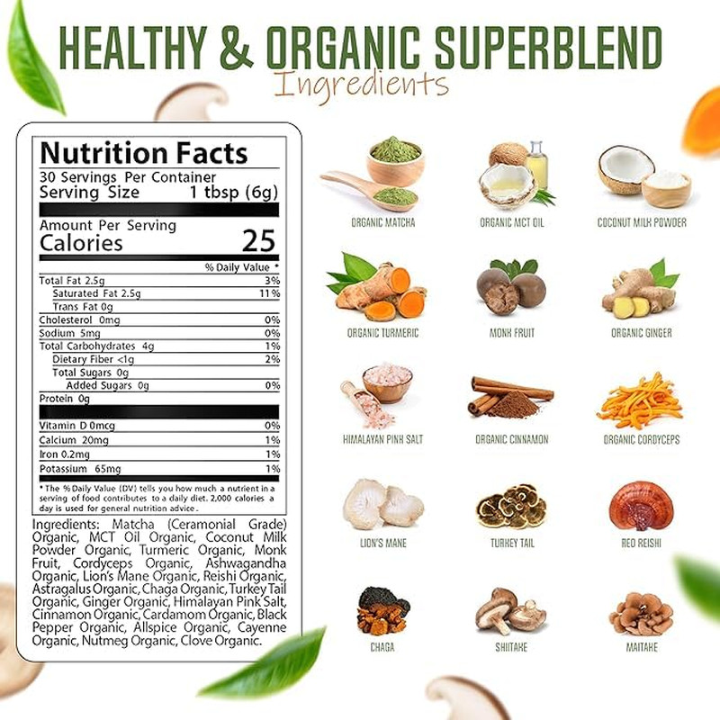 Revitalize Organic Matcha Mushroom Powder – 60 Servings, Coffee Alternative Latt