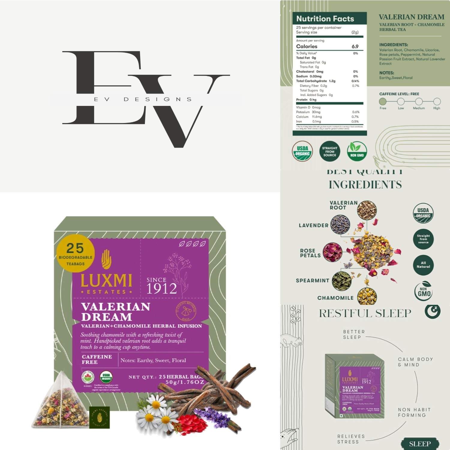 Organic Valerian & Chamomile Tea – 25 Caffeine-Free Pyramid Bags for Relaxation