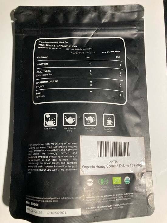 PIPI TEA Organic Honey Scented Oolong Tea Bags, 120g (2 Packages/40 Ct)