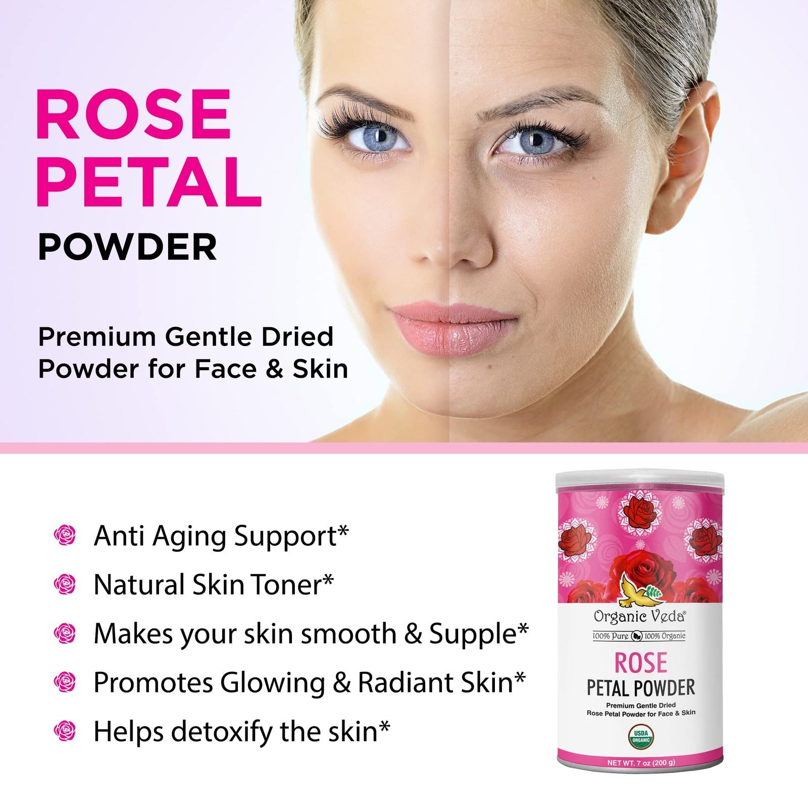 Organic Rose Petal Powder 7oz – Edible for Cooking Tea Smoothies Vegan