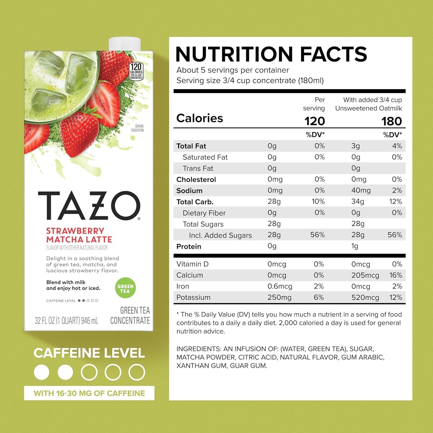 Tazo Green Tea Strawberry Matcha Latte Concentrate 2-32oz Caffeine Iced Hot 2027