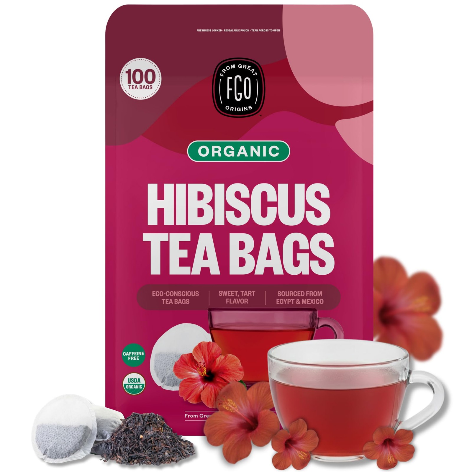 Organic Hibiscus Tea, 100 Count, Eco-Conscious Tea Bags, Caffeine Free, Packa…